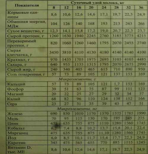 Нормы питательных веществ для лактирующих коров живой массой 500 кг